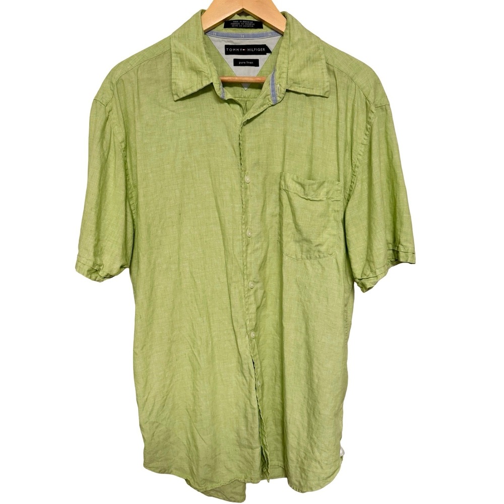 Tommy Hilfiger Linen Shirt Large Green Short Sleeve Button Up Summer Casual